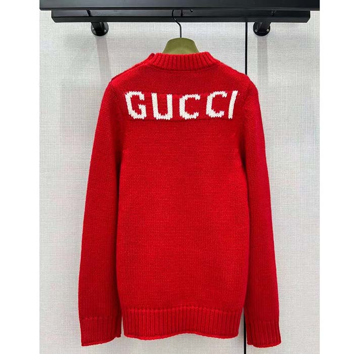 G*u*i women gg wool top G*u*i intarsia red crewneck dropped shoulder long sleeves