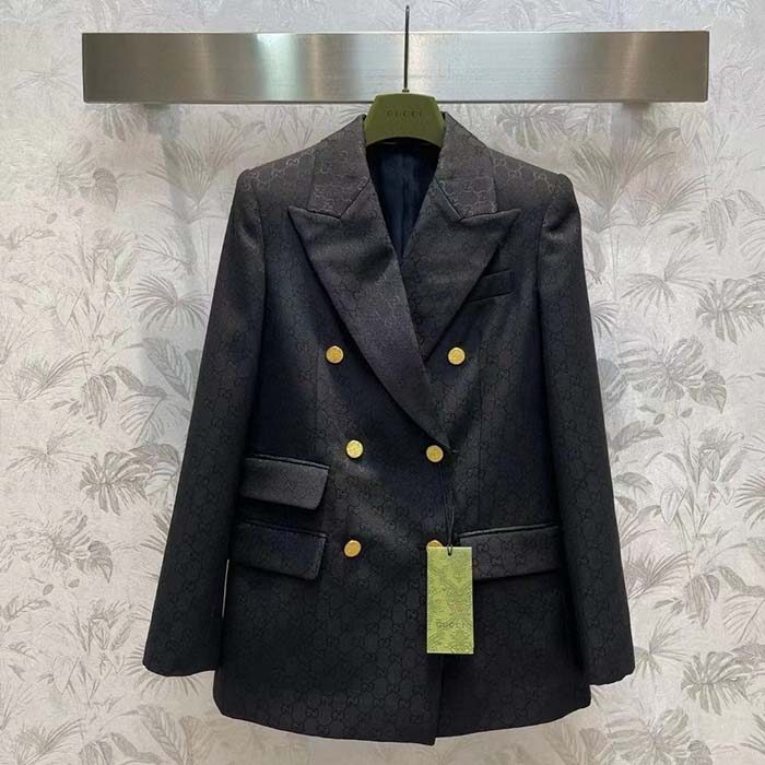 G*u*i women light gg canvas single-breasted jacket peak lapel flap pockets