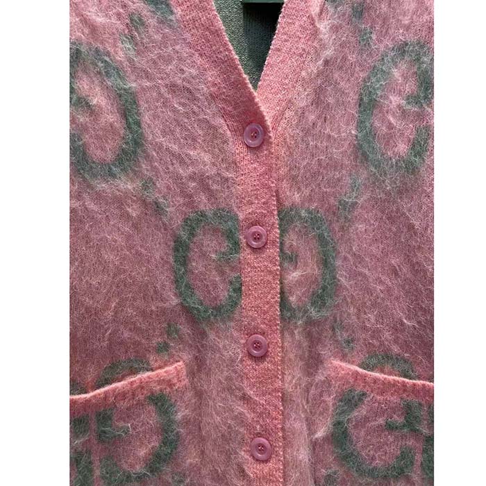 G*u*i men reversible gg mohair cardigan light green pink brushed jacquard wool v-neck