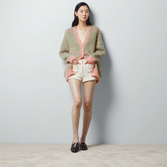 G*u*i women reversible gg mohair cardigan light green pink brushed jacquard wool v-neck