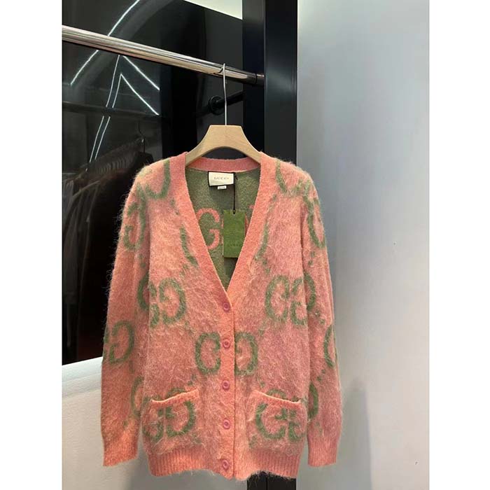 G*u*i men reversible gg mohair cardigan light green pink brushed jacquard wool v-neck