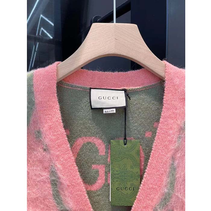 G*u*i men reversible gg mohair cardigan light green pink brushed jacquard wool v-neck
