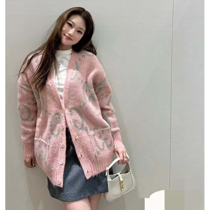 G*u*i women reversible gg mohair cardigan light green pink brushed jacquard wool v-neck