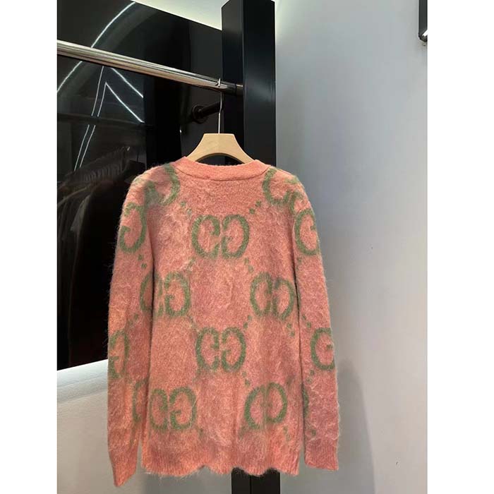 G*u*i men reversible gg mohair cardigan light green pink brushed jacquard wool v-neck