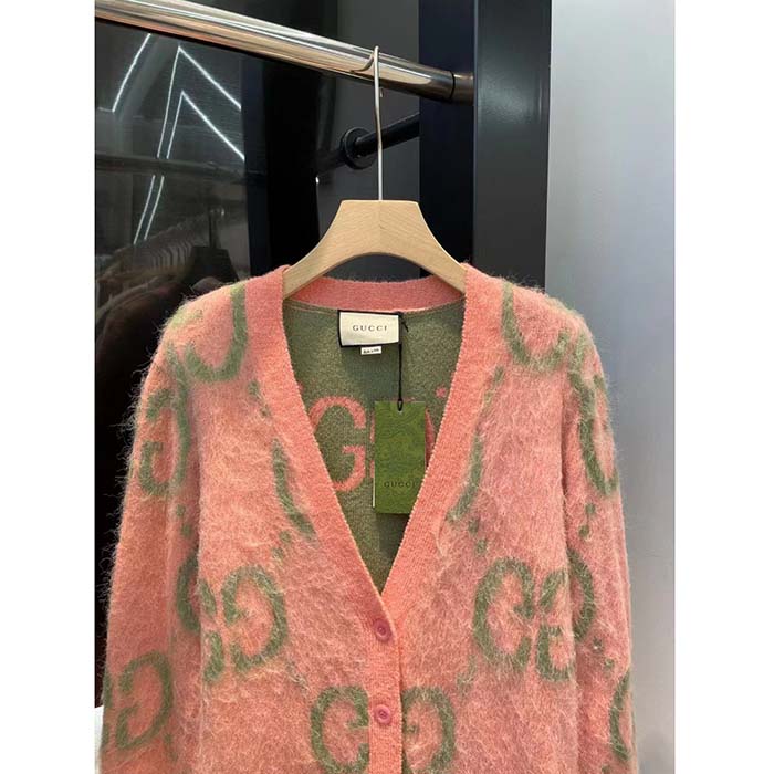 G*u*i men reversible gg mohair cardigan light green pink brushed jacquard wool v-neck