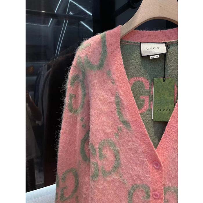 G*u*i men reversible gg mohair cardigan light green pink brushed jacquard wool v-neck
