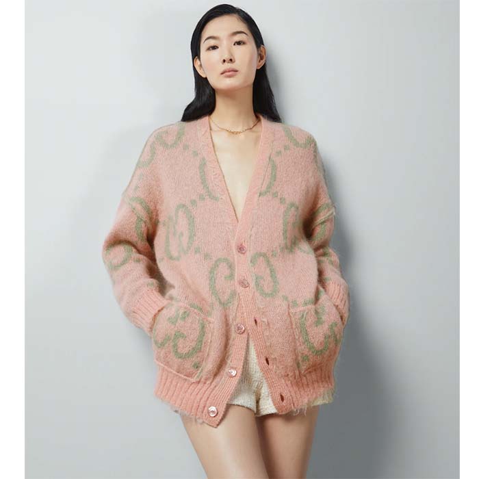 G*u*i women reversible gg mohair cardigan light green pink brushed jacquard wool v-neck
