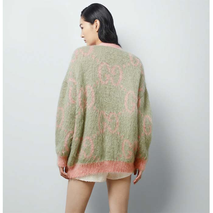 G*u*i women reversible gg mohair cardigan light green pink brushed jacquard wool v-neck