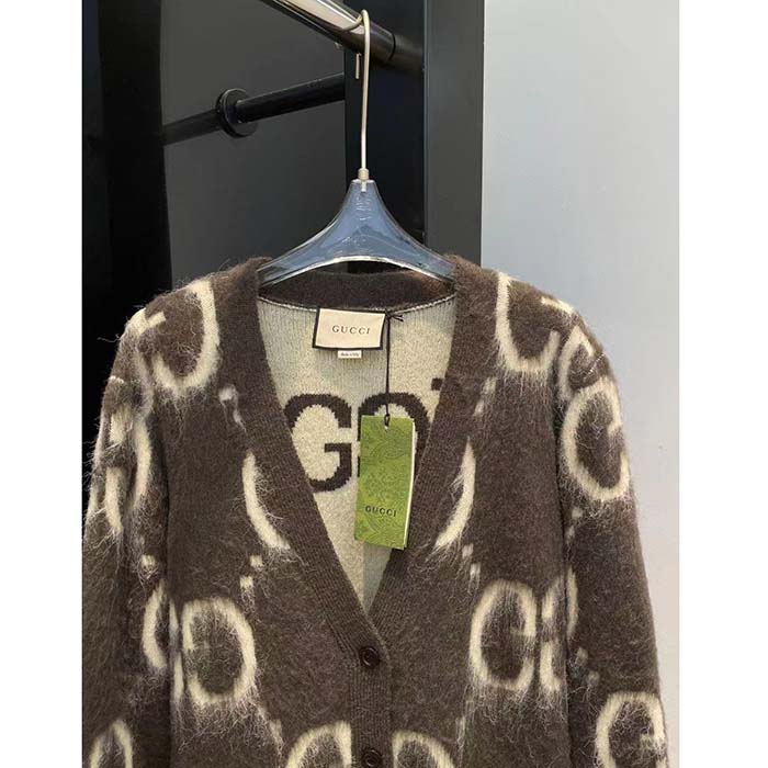 G*u*i women reversible gg mohair wool cardigan brushed gg jacquard blend v-neck front pockets