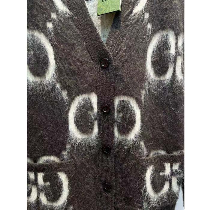G*u*i women reversible gg mohair wool cardigan brushed gg jacquard blend v-neck front pockets