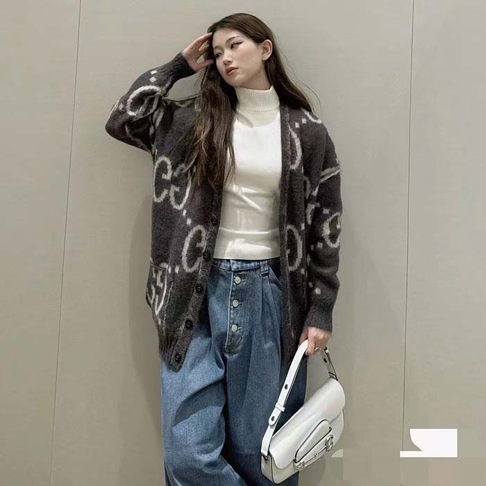 G*u*i women reversible gg mohair wool cardigan brushed gg jacquard blend v-neck front pockets