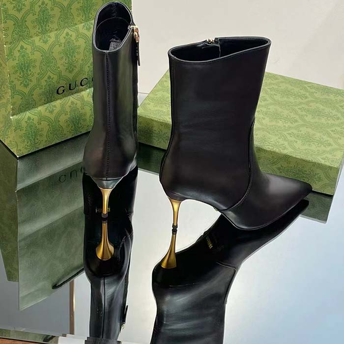 G*u*i women’s ankle boot black leather pointed toe metal effect heel zip closure mid-heel