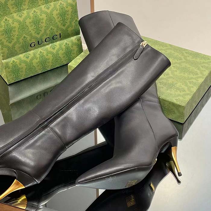 G*u*i women’s boot black leather pointed toe metal effect heel zip closure mid-heel