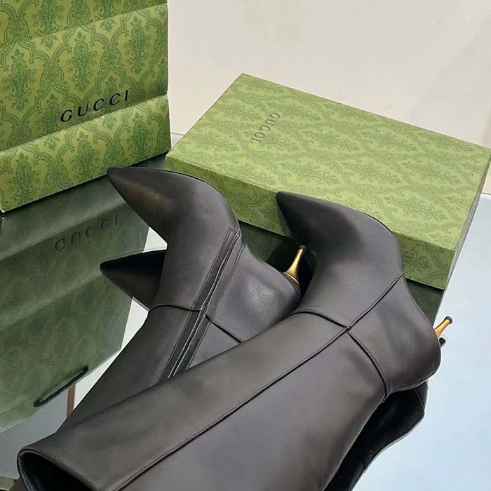 G*u*i women’s boot black leather pointed toe metal effect heel zip closure mid-heel