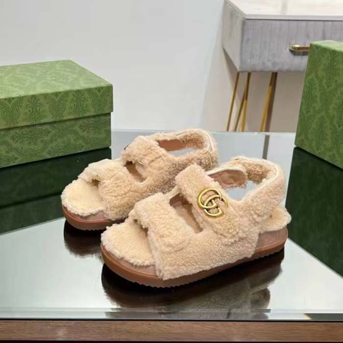 G*u*i women’s gg double g sandals beige merino wool double g rubber sole flat