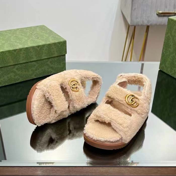 G*u*i women’s gg double g sandals beige merino wool double g rubber sole flat