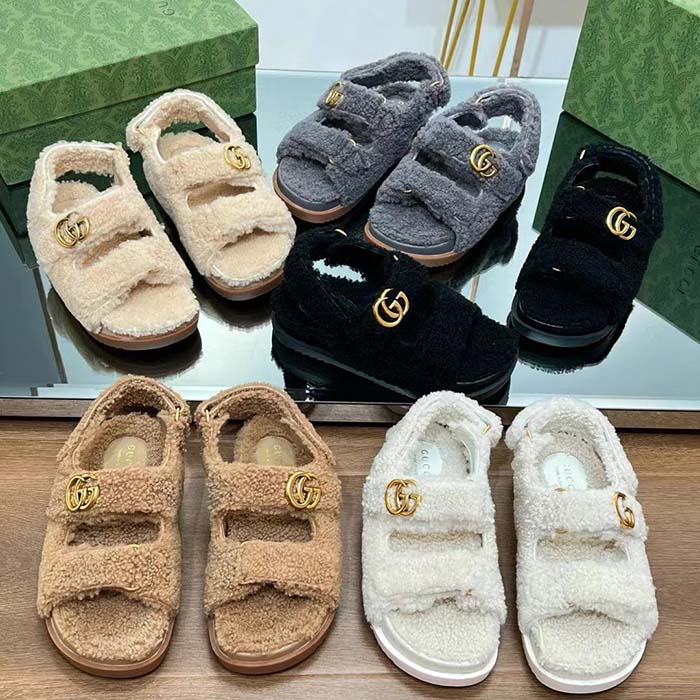 G*u*i women’s gg double g sandals beige merino wool double g rubber sole flat