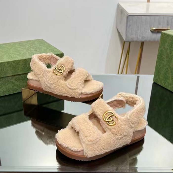 G*u*i women’s gg double g sandals beige merino wool double g rubber sole flat