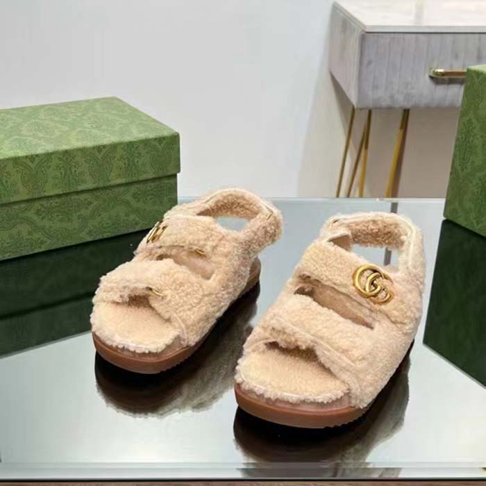 G*u*i women’s gg double g sandals beige merino wool double g rubber sole flat