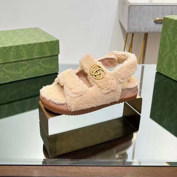 G*u*i women’s gg double g sandals beige merino wool double g rubber sole flat