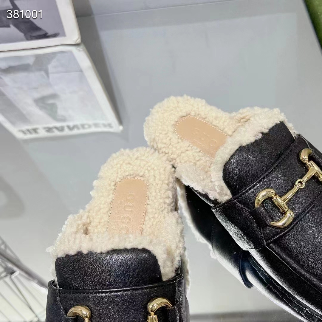 G*u*i women’s gg mule horsebit black leather merinos wool lining leather sole flat