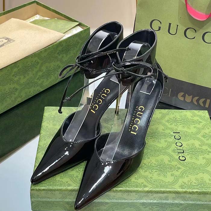G*u*i women’s high-heel patent pump black leather pointed toe ankle cuff