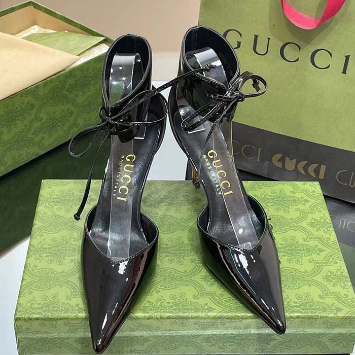 G*u*i women’s high-heel patent pump black leather pointed toe ankle cuff