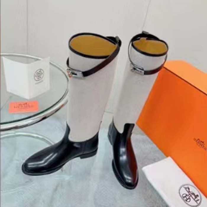 Hermes Women Jumping Boot Black Natural Calfskin Printed H Grey Canvas Black Leather Heel