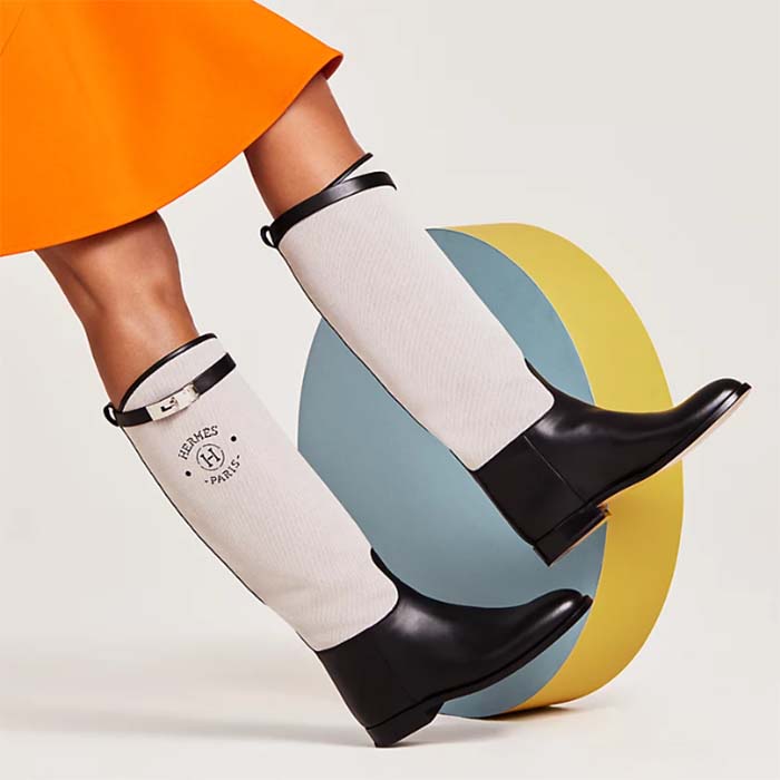 Hermes Women Jumping Boot Black Natural Calfskin Printed H Grey Canvas Black Leather Heel