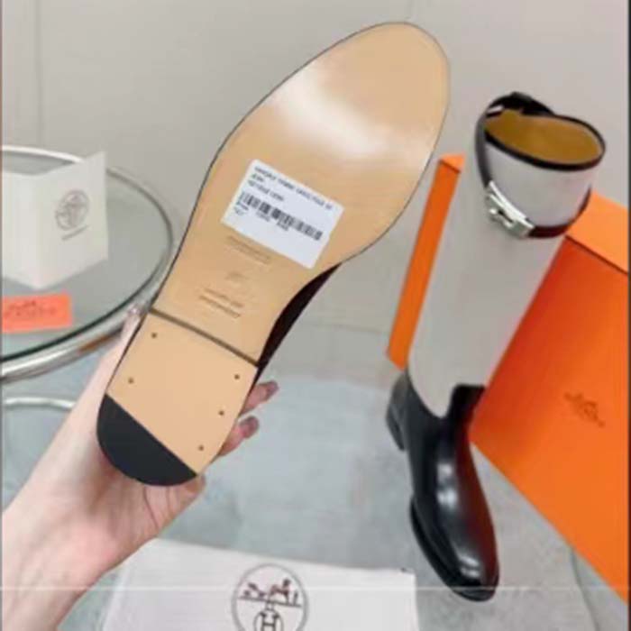 Hermes Women Jumping Boot Black Natural Calfskin Printed H Grey Canvas Black Leather Heel