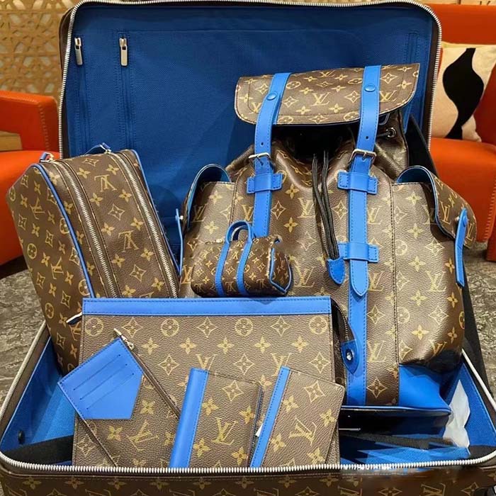 Louis Vuitton LV Unisex Christopher MM Backpack Blue Monogram Macassar Coated Canvas Cowhide Leather