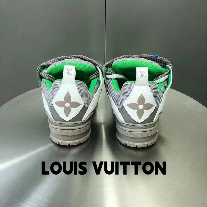 Louis Vuitton LV Unisex Skate Sneaker Grey Mix Materials Grained Calf Leather Technical Mesh