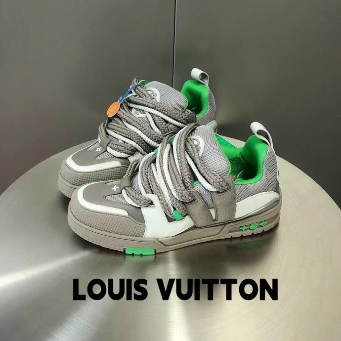 Louis Vuitton LV Unisex Skate Sneaker Grey Mix Materials Grained Calf Leather Technical Mesh