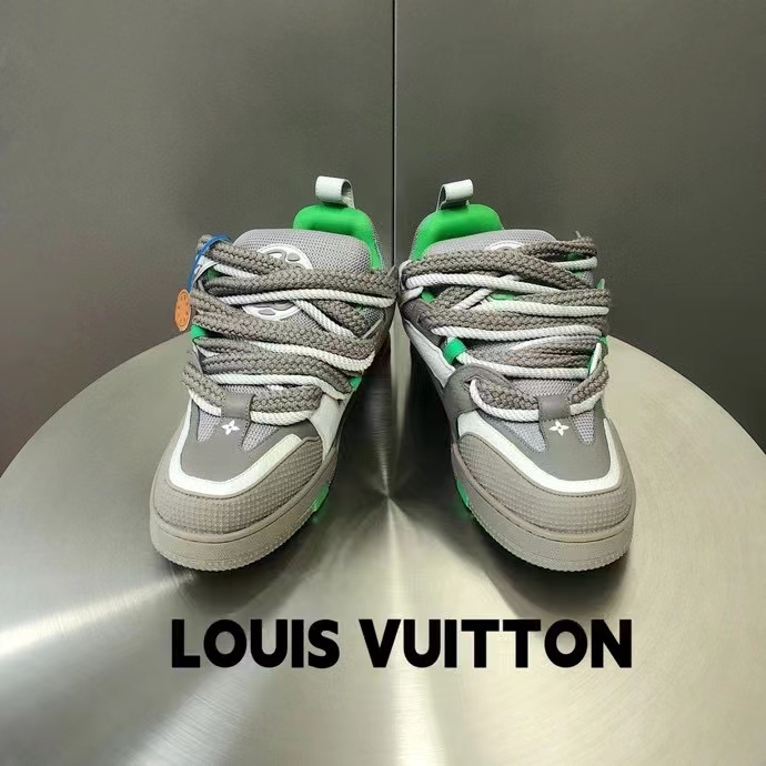Louis Vuitton LV Unisex Skate Sneaker Grey Mix Materials Grained Calf Leather Technical Mesh