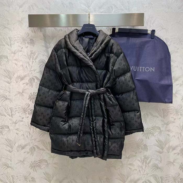 Louis Vuitton LV Women Flight Mode Monogram Jacquard Puffer Wrap Coat Polyamide Black