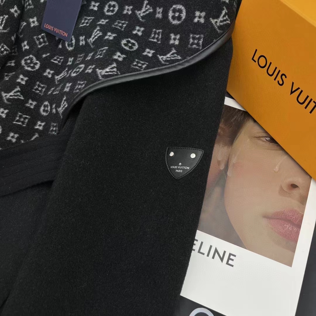 Louis Vuitton LV Women Hooded Wrap Coat Wool Silk Black White Regular Fit