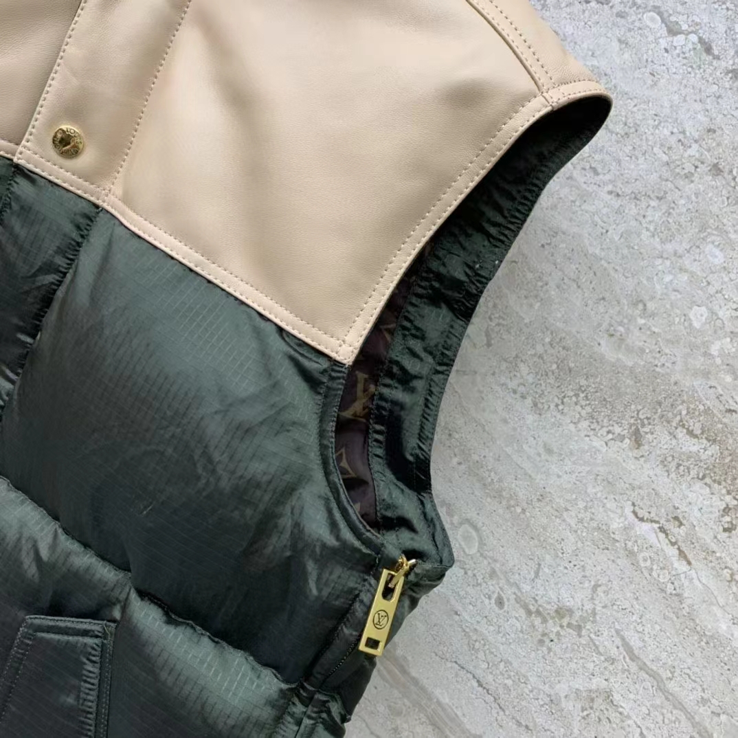 Louis Vuitton LV Women Leather Accent Sleeveless Puffer Jacket Khaki Beige Regular Fit