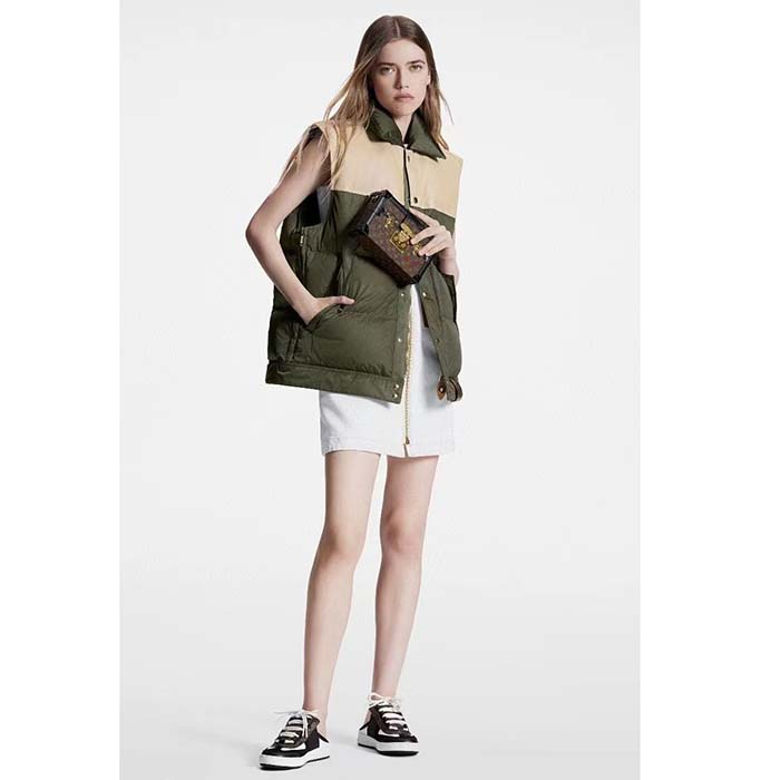 Louis Vuitton LV Women Leather Accent Sleeveless Puffer Jacket Khaki Beige Regular Fit