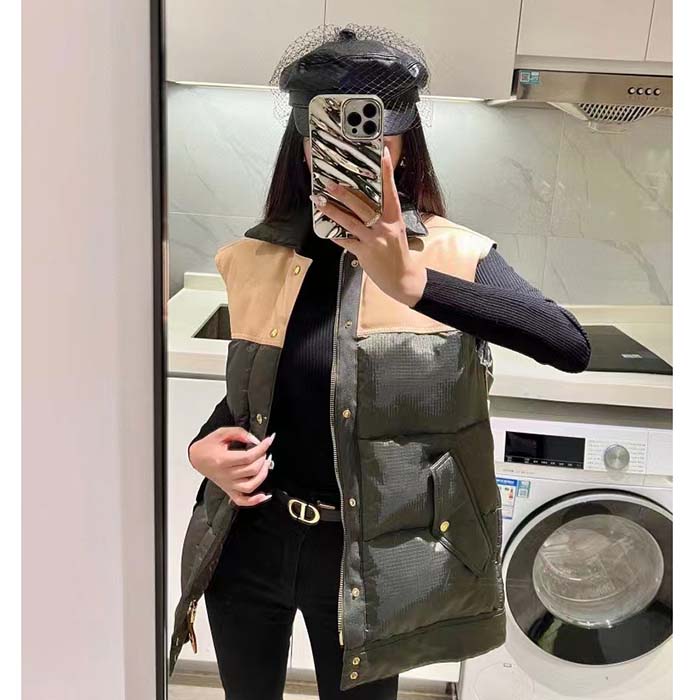 Louis Vuitton LV Women Leather Accent Sleeveless Puffer Jacket Khaki Beige Regular Fit