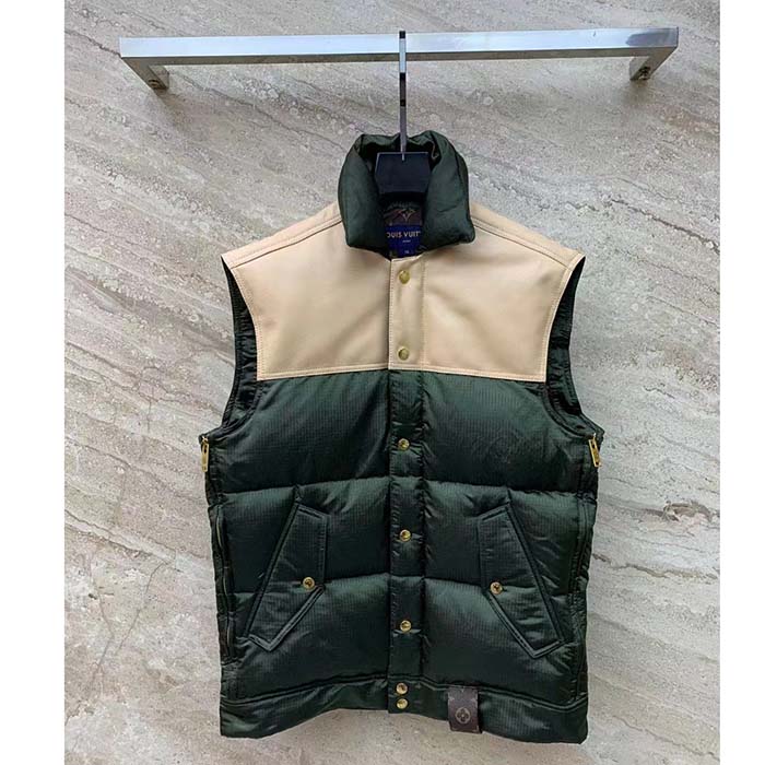 Louis Vuitton LV Women Leather Accent Sleeveless Puffer Jacket Khaki Beige Regular Fit