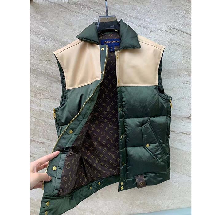 Louis Vuitton LV Women Leather Accent Sleeveless Puffer Jacket Khaki Beige Regular Fit