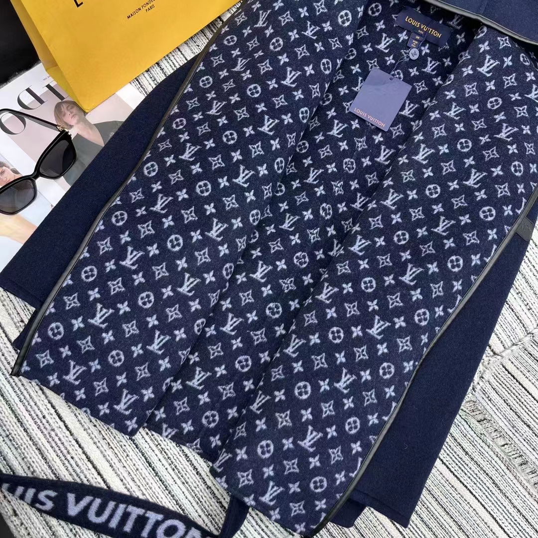 Louis Vuitton LV Women Signature Double Face Short Wrap Coat Wool Silk Blue Regular Fit