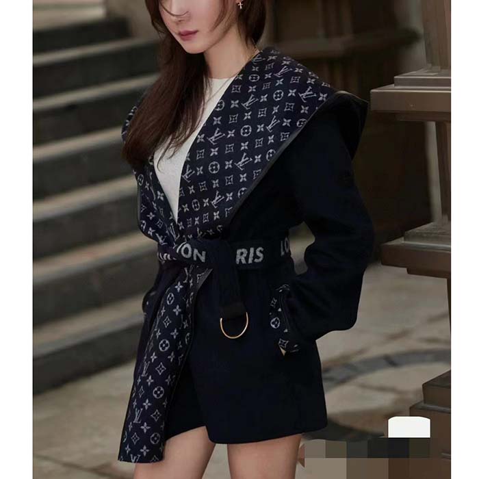 Louis Vuitton LV Women Signature Double Face Short Wrap Coat Wool Silk Blue Regular Fit