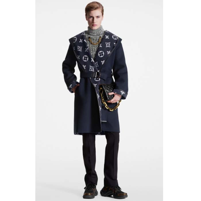 Louis Vuitton LV Women Signature Hooded Wrap Coat Wool Silk Night Blue Regular Fit
