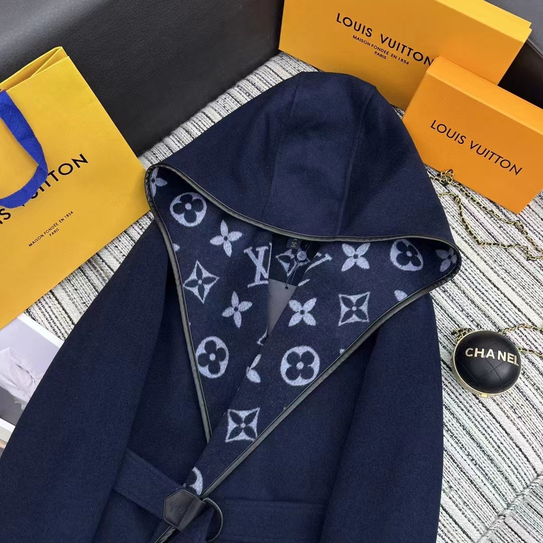 Louis Vuitton LV Women Signature Short Hooded Wrap Coat Wool Silk Petrol Blue Regular Fit