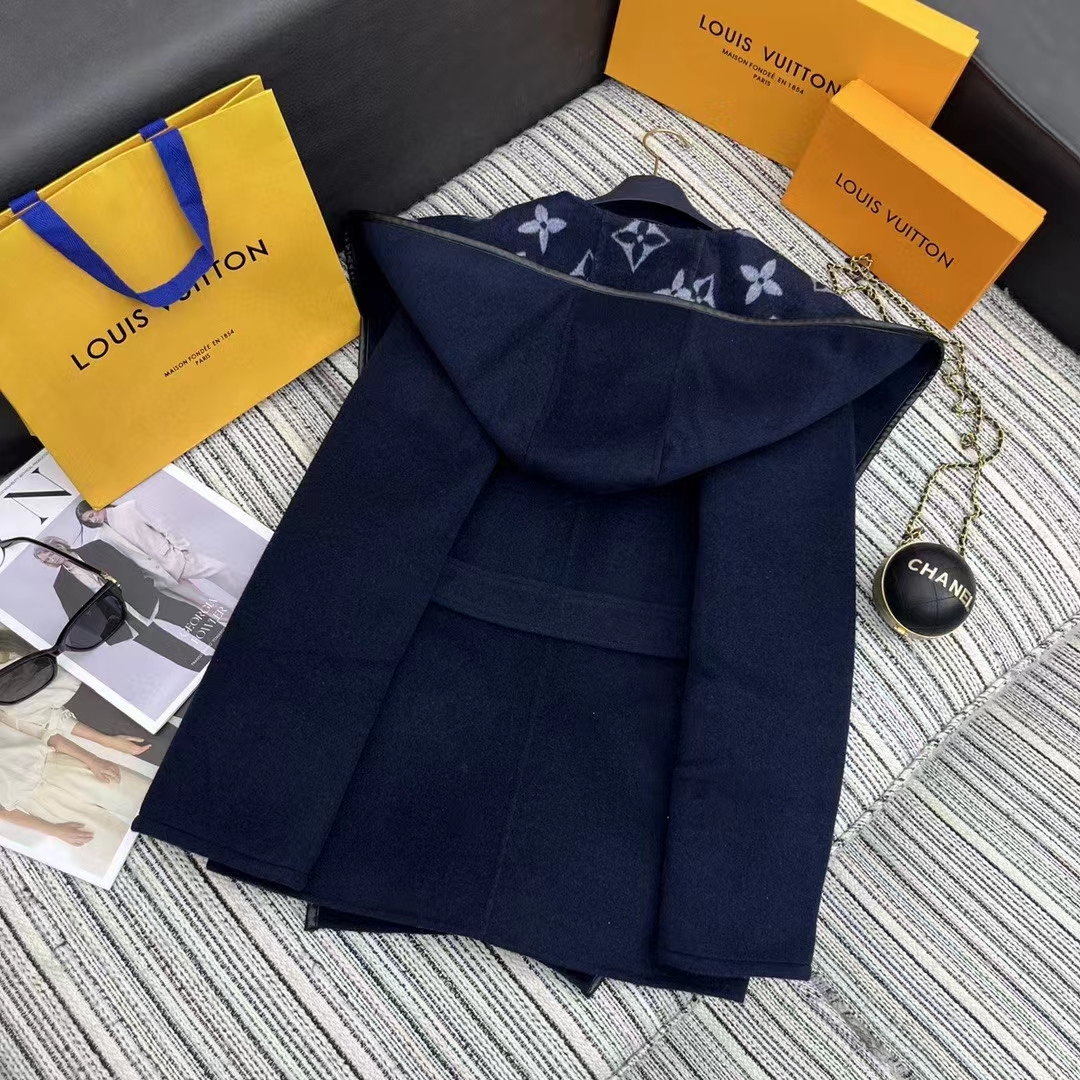Louis Vuitton LV Women Signature Short Hooded Wrap Coat Wool Silk Petrol Blue Regular Fit