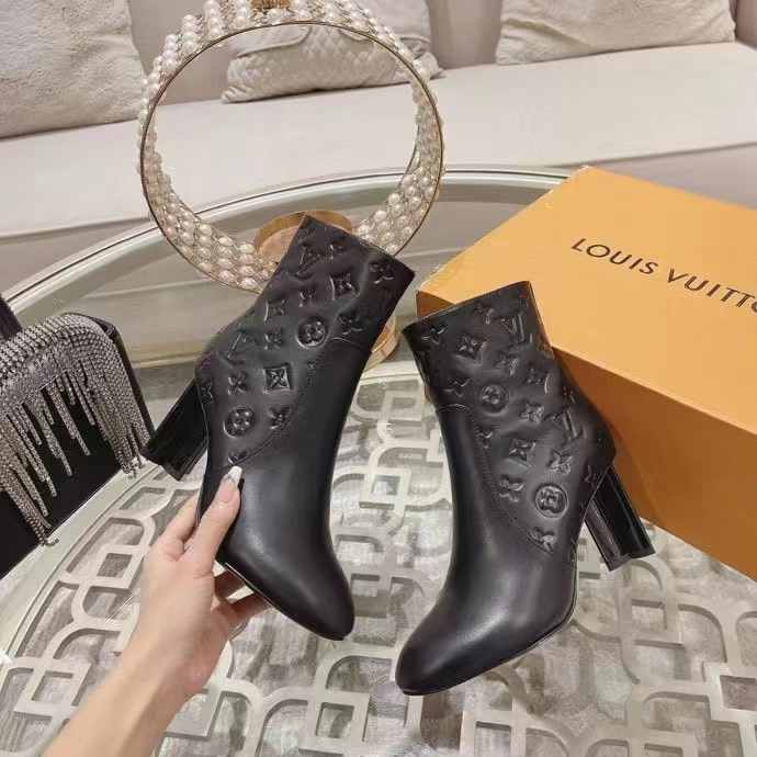 Louis Vuitton LV Women Silhouette Ankle Boot Black Monogram-Debossed Calf Leather 8 CM Heel