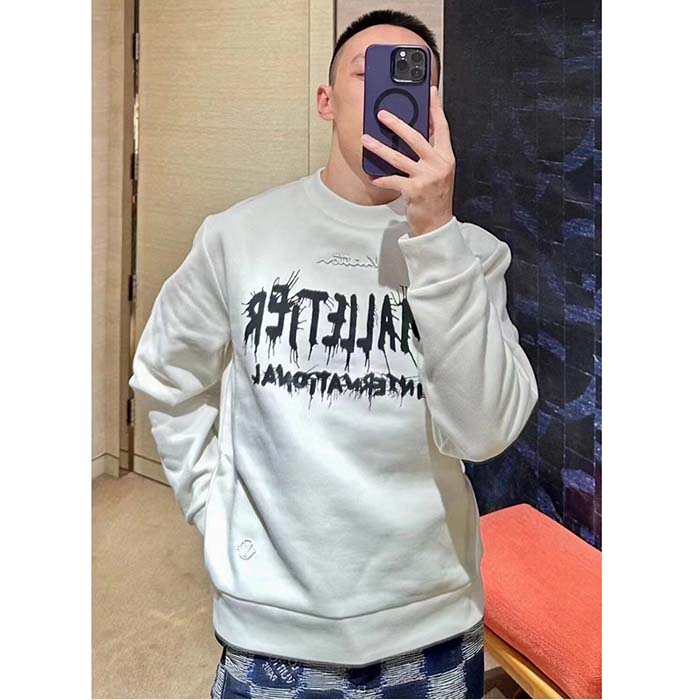Louis Vuitton Men LV Cotton Sweatshirt Regular Fit Malletier International Brushed Jersey Milky White
