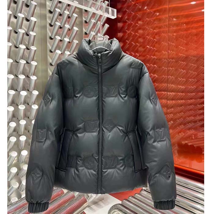 Louis Vuitton Men LV Monogram Leather Hooded Down Jacket Black Lamb Leather Anthracite Regular Fit