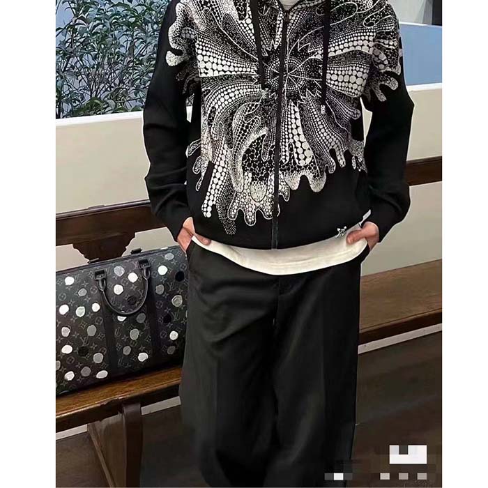 Louis Vuitton Men LV x YK Psychedelic Flower Zipped Hoodie Wool Polyamide Black White Regular Fit